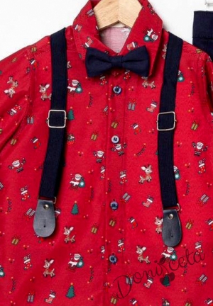 Коледен комплект за момче от риза в червено и панталони в тъмносиньо с тиранти и папийонка 2