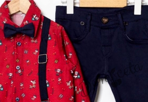 Коледен комплект за момче от риза в червено и панталони в тъмносиньо с тиранти и папийонка 3