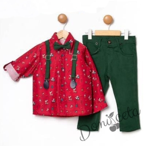 Коледен комплект за момче от риза в червено и панталони в тъмнозелено с тиранти и папионка