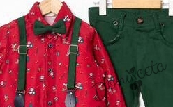 Коледен комплект за момче от риза в червено и панталони в тъмнозелено с тиранти и папионка 3
