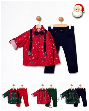 Коледен комплект за момче от риза в червено и панталони в тъмнозелено с тиранти и папионка 5