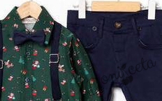 Коледен комплект за момче от риза в зелено и панталони в тъмносиньо с тиранти и папийонка 3