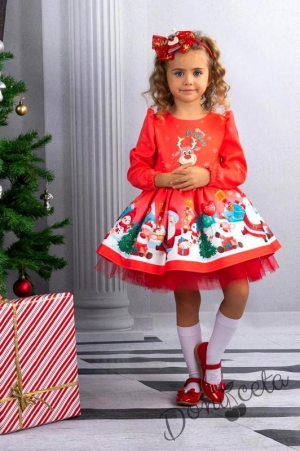 Детска коледна рокля с дълъг ръкав в червено с еленче и диадема