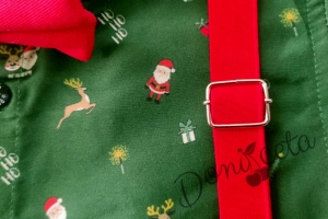 Коледен комплект за момче от риза в зелено и панталони в червено с тиранти и папийонка 3