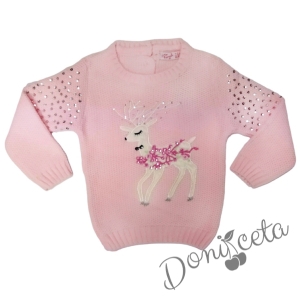 Плетен коледен пуловер в розово с елен 1