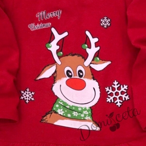 Коледна детска рокля в червено с елен и снежинки