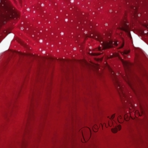 Коледна бебешка рокля  в червено с тюл и лента 2