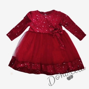 Коледна бебешка рокля с дълъг ръкав  в червено с тюл и звездички с лента