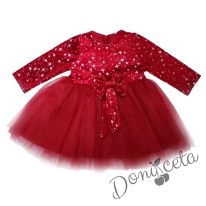 Коледна детска рокля  в червено със звезди и панделка 65545334