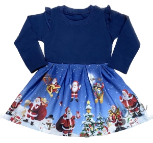 Детска коледна рокля с дядо Коледа с дълъг ръкав в тъмносиньо