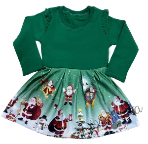 Детска коледна рокля с дядо Коледа с дълъг ръкав в зелено
