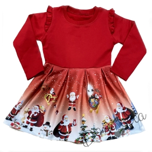 Детска коледна рокля с дядо Коледа с дълъг ръкав в червено