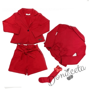 Детски комплект за момиче от къси панталонки,сако и чорапи в червено