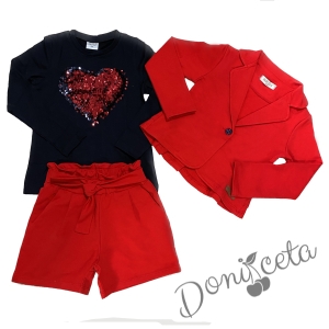 Детски комплект за момиче от къси панталонки, сако в червено и блуза
