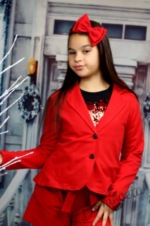 Детски комплект в червено за момиче от къси панталони и сако 1