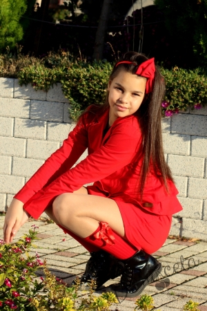 Детски комплект за момиче от къси панталони, сако в червено и блуза в черно4