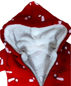 Коледен бебешки гащеризон в червено с качулка 