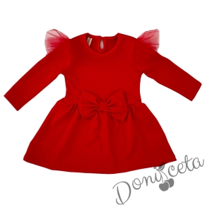Детска рокля в червено с дълъг ръкав и панделка