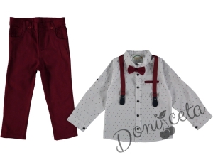 Set of burgundy trousers, white shirt, bow tie and suspenders 7655689
