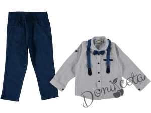 Комплект за момче от риза в бяло, папионка, тиранти и панталони в светлосиньо