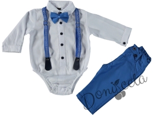 Бебешки комплект от панталон в светлосиньо, боди-риза в бяло, тиранти и папийонка 8512336