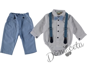 Бебешки комплект от панталон в светлосиньо, боди-риза в бяло, тиранти и папийонка 8515884