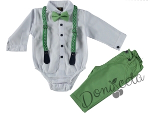 Бебешки комплект от панталон в зелено, боди-риза в бяло, тиранти и папийонка 85121334
