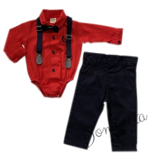 Бебешки комплект от боди-риза в червено панталон,тиранти и папийонка в черно