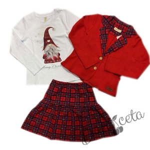 Детски комплект за момиче от карирана пола, сако в червено с каре и блуза 