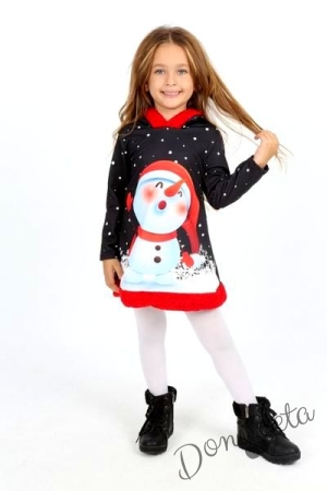 Коледна детска рокля в черно със снежен човек и качулка