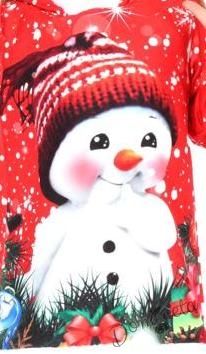 Коледна детска рокля в червено със снежен човек и качулка 3