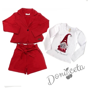 Детски комплект за момиче от къси панталонки и сако в червено с бяла блуза 