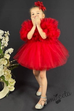 Официална детска рокля Блян с богат тюл в червено с блясък 1