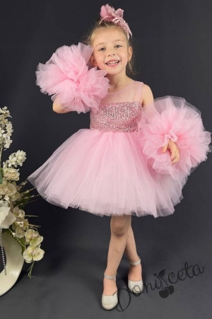 Официална детска рокля Блян с богат тюл в розово с блясък и панделка за коса