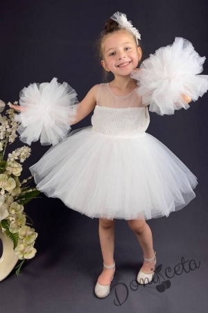 Официална детска рокля Блян без ръкав с блясък и с богат тюл в бяло
