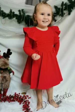 Детска червена рокля с дълъг ръкав, къдрички и тюл