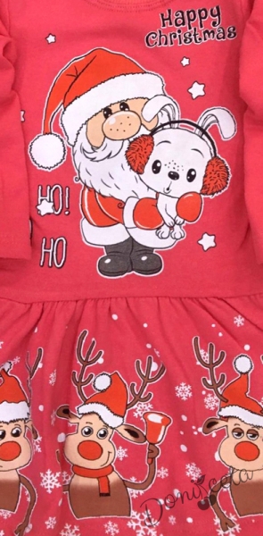 Коледна детска рокля в розово с Дядо Коледа и зайче