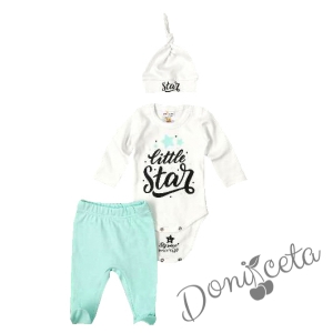 3-piece baby set with turquoise pants, bodysuit and hat