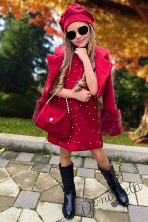 Set of dress with pearls, fluffy jacket, bag and beret in burgundy