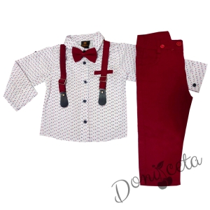 Комплект от панталон в бордо, риза в бяло, тиранти и папийонка 8457126
