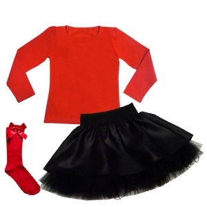 Комплект  дариот пола от кожа и тюл в черно и блуза в червено  и 3/4 чорапи