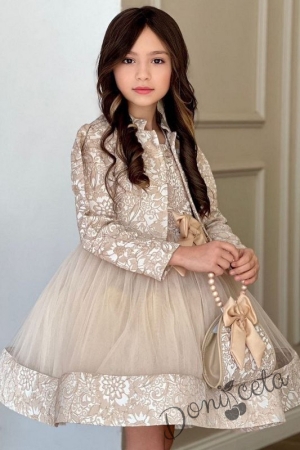 Официална детска рокля Дара в комплект със сако и чанта в бежово