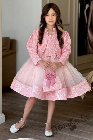 Официална детска рокля Дара в комплект със сако и чанта в розово