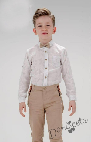 Детски комплект от панталон в бежово, риза в бяло, папийонка и тиранти 687002