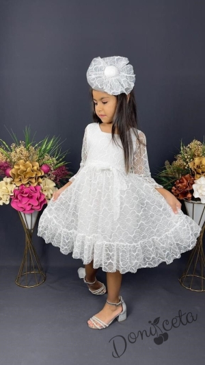 Официална детска рокля с ръкав 7/8 от дантела и тюл в бяло с диадема с панделка