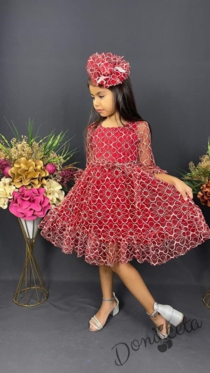 Официална детска рокля с ръкав 7/8 от дантела и тюл в червено с диадема с панделка 2