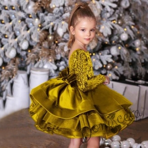 Официална детска рокля с дълъг ръкав в златисто с пайети 