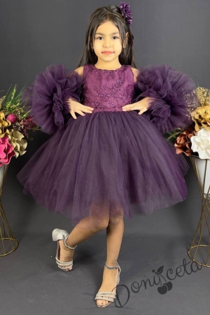 Официална детска рокля с богат тюл в лилаво с дантела Мия