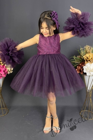 Официална детска рокля с богат тюл в лилаво с дантела  3
