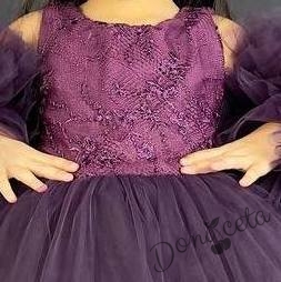 Официална детска рокля с богат тюл в лилаво с дантела  4